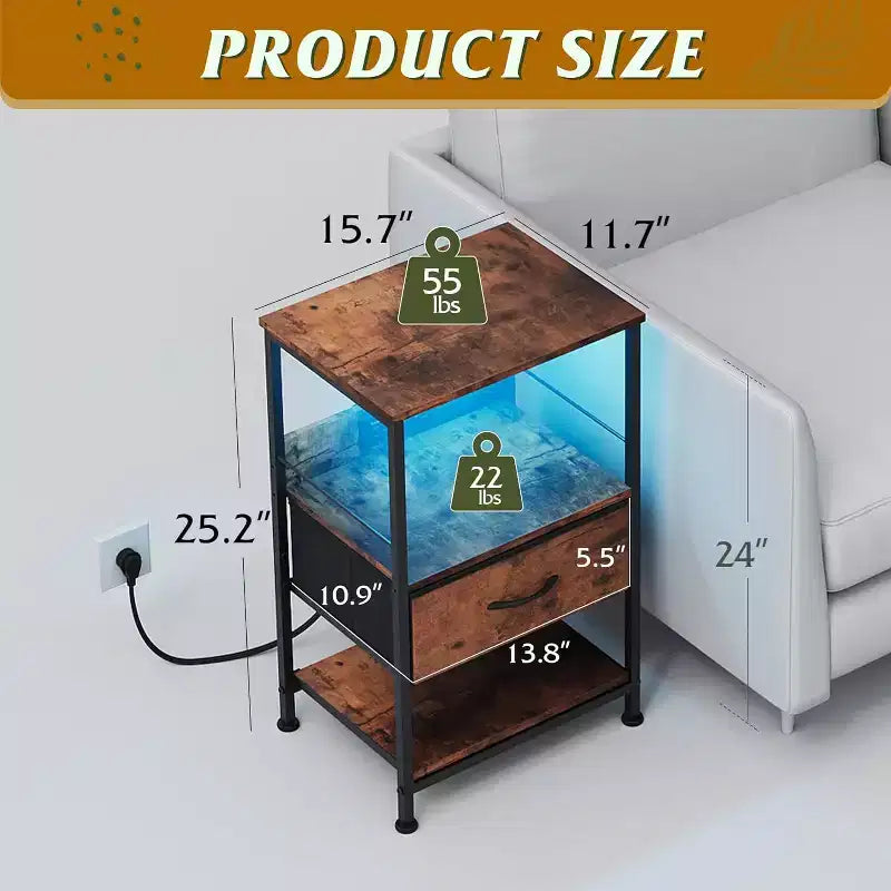 Table de chevet LED avec station de recharge, tiroir en tissu réglable, table d'appoint compacte de rangement à 3 niveaux pour chambre à coucher
