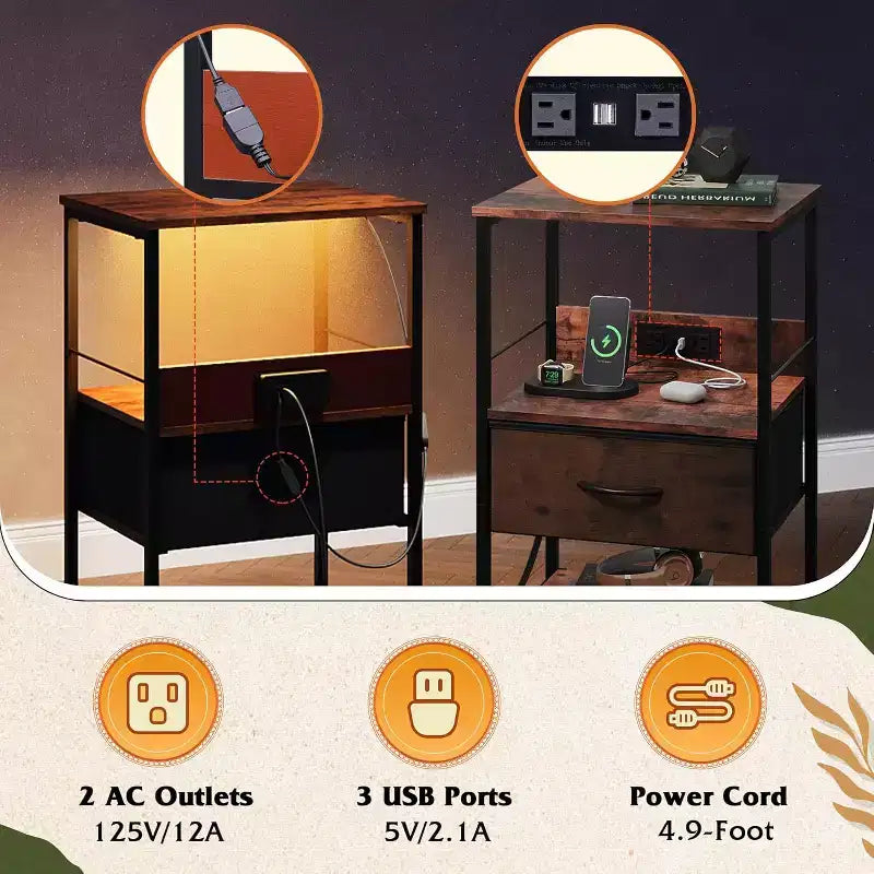 Table de chevet LED avec station de recharge, tiroir en tissu réglable, table d'appoint compacte de rangement à 3 niveaux pour chambre à coucher
