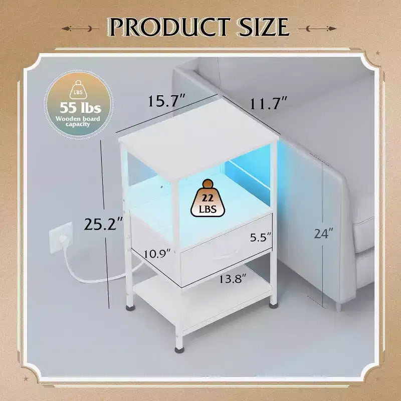Table de chevet LED avec station de recharge, tiroir en tissu réglable, table d'appoint compacte de rangement à 3 niveaux pour chambre à coucher