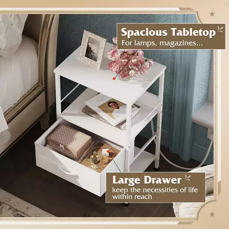 Table de chevet LED avec station de recharge, tiroir en tissu réglable, table d'appoint compacte de rangement à 3 niveaux pour chambre à coucher