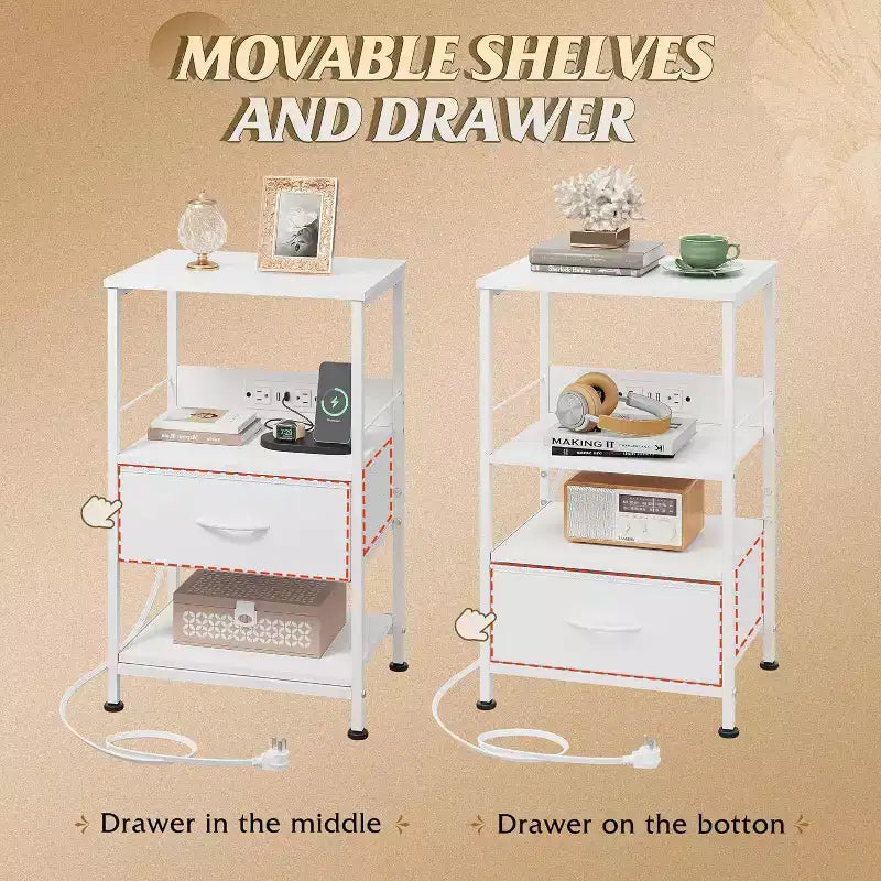 Table de chevet LED avec station de recharge, tiroir en tissu réglable, table d'appoint compacte de rangement à 3 niveaux pour chambre à coucher