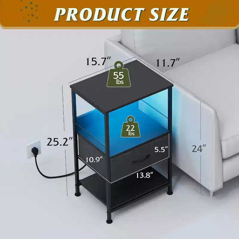 Table de chevet LED avec station de recharge, tiroir en tissu réglable, table d'appoint compacte de rangement à 3 niveaux pour chambre à coucher