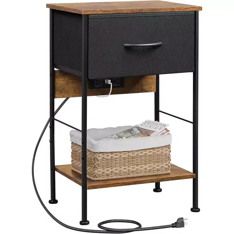 Table de chevet LED avec station de recharge, tiroir en tissu réglable, table d'appoint compacte de rangement à 3 niveaux pour chambre à coucher