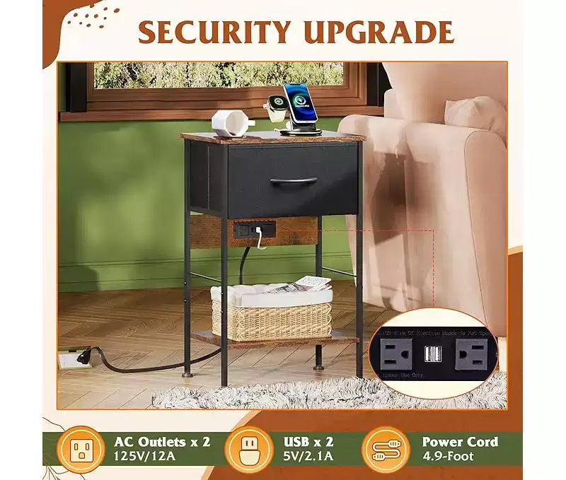 Table de chevet LED avec station de recharge, tiroir en tissu réglable, table d'appoint compacte de rangement à 3 niveaux pour chambre à coucher
