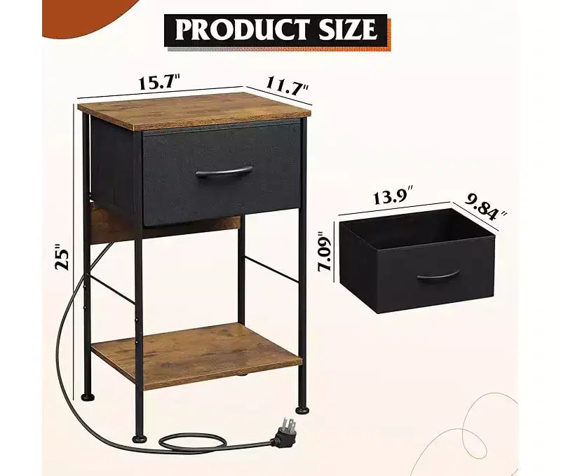 Table de chevet LED avec station de recharge, tiroir en tissu réglable, table d'appoint compacte de rangement à 3 niveaux pour chambre à coucher