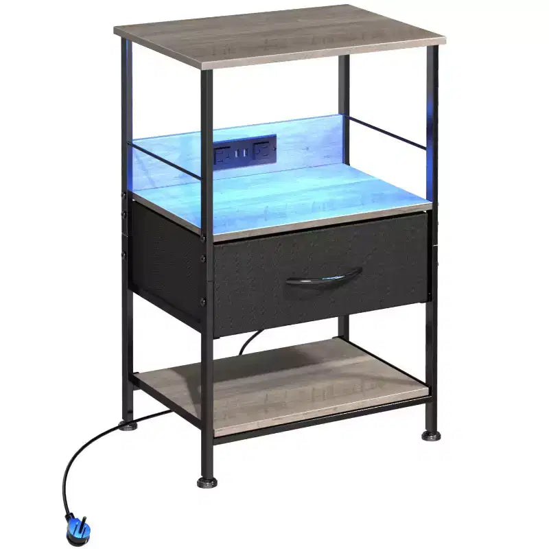 Table de chevet LED avec station de recharge, tiroir en tissu réglable, table d'appoint compacte de rangement à 3 niveaux pour chambre à coucher