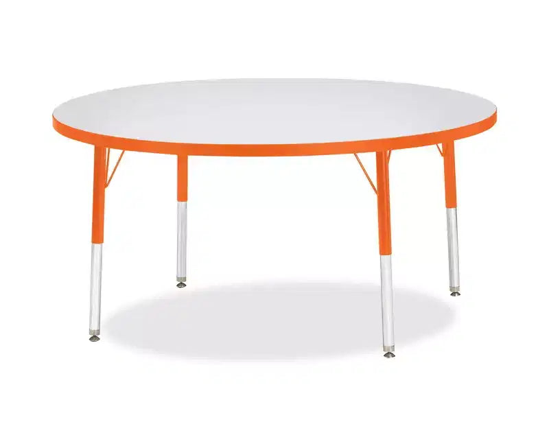 Table ronde 48 x 48 po couleur orange, hauteur élémentaire, bordure à liseré