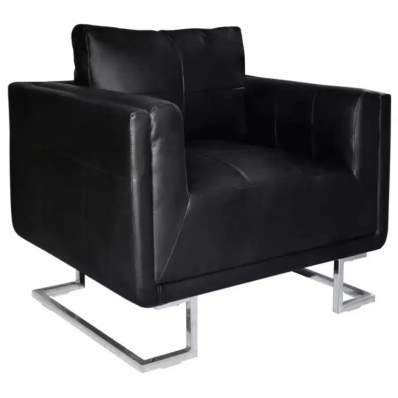 Fauteuil Cube Moderne avec Pieds Chromés, Revêtu de Cuir Noir - Noir