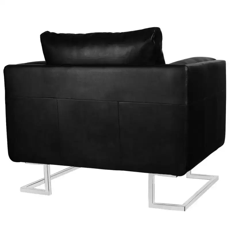 Fauteuil Cube Moderne avec Pieds Chromés, Revêtu de Cuir Noir - Noir