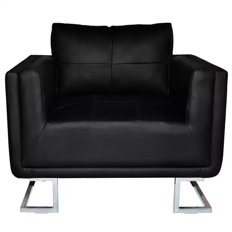 Fauteuil Cube Moderne avec Pieds Chromés, Revêtu de Cuir Noir - Noir
