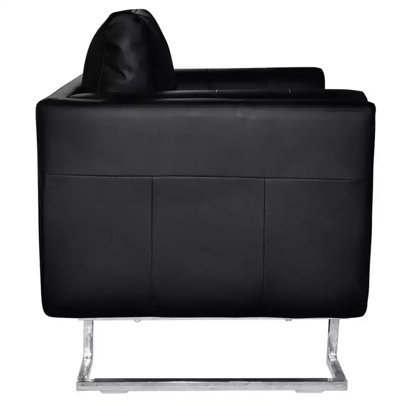 Fauteuil Cube Moderne avec Pieds Chromés, Revêtu de Cuir Noir - Noir
