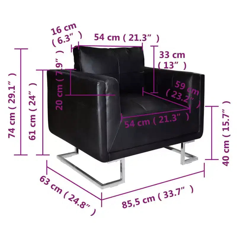 Fauteuil Cube Moderne avec Pieds Chromés, Revêtu de Cuir Noir - Noir