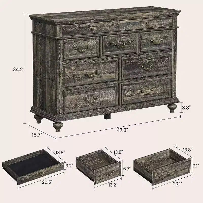 Commode de chambre à coucher 47" de style rustique avec 9 tiroirs et poignées en métal vintage