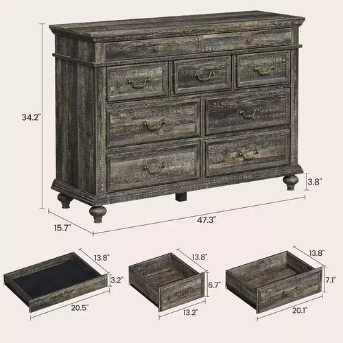 Commode de chambre à coucher 47" de style rustique avec 9 tiroirs et poignées en métal vintage