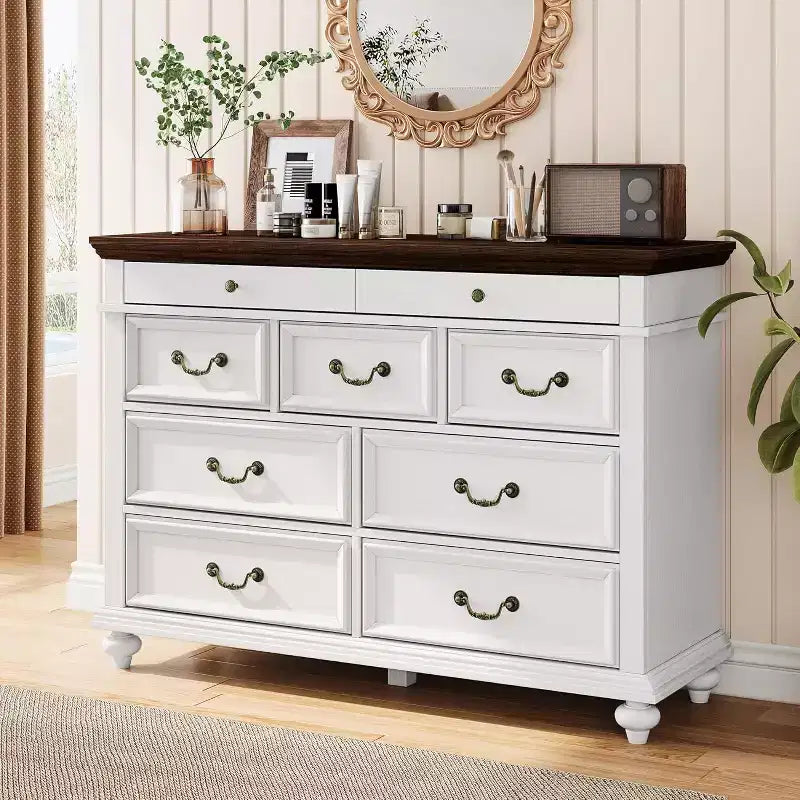 Commode de chambre à coucher 47" de style rustique avec 9 tiroirs et poignées en métal vintage
