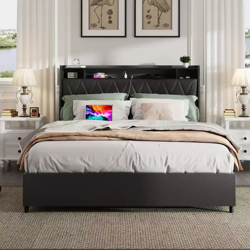 Okak Full/Queen Platform Bed Frame with Upholstered 4 Storage Drawers Bed with Outlets Charger Metal Frame No Box Spring Needed Noise-Free