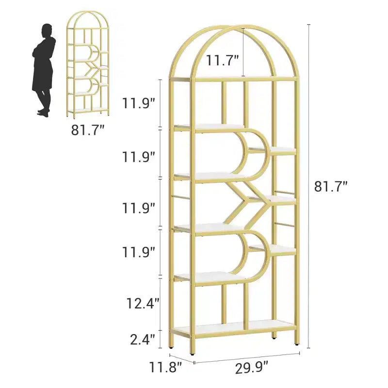 Étagère bibliothèque arquée ouverte à 6 niveaux, bibliothèque géométrique en métal de 207,5 cm de haut, grande étagère de rangement et de présentation pour chambre, salon, bureau