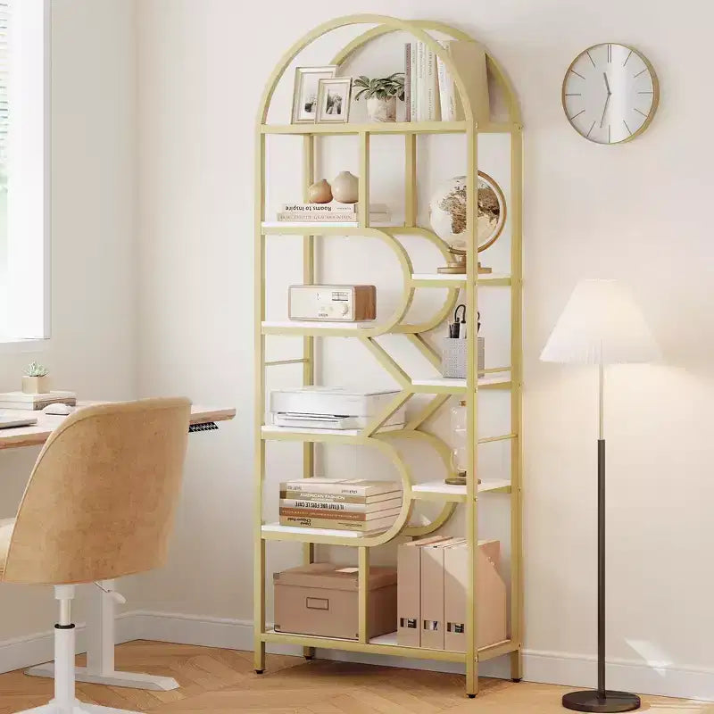 Étagère bibliothèque arquée ouverte à 6 niveaux, bibliothèque géométrique en métal de 207,5 cm de haut, grande étagère de rangement et de présentation pour chambre, salon, bureau