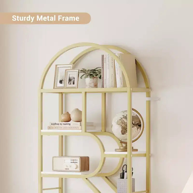 Étagère bibliothèque arquée ouverte à 6 niveaux, bibliothèque géométrique en métal de 207,5 cm de haut, grande étagère de rangement et de présentation pour chambre, salon, bureau