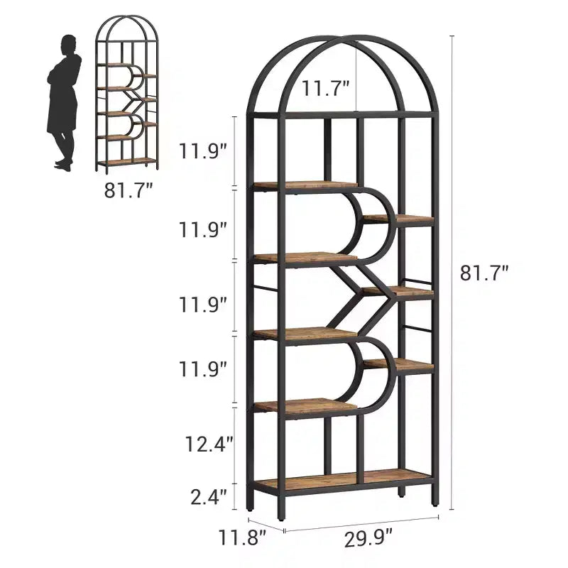 Étagère bibliothèque arquée ouverte à 6 niveaux, bibliothèque géométrique en métal de 207,5 cm de haut, grande étagère de rangement et de présentation pour chambre, salon, bureau