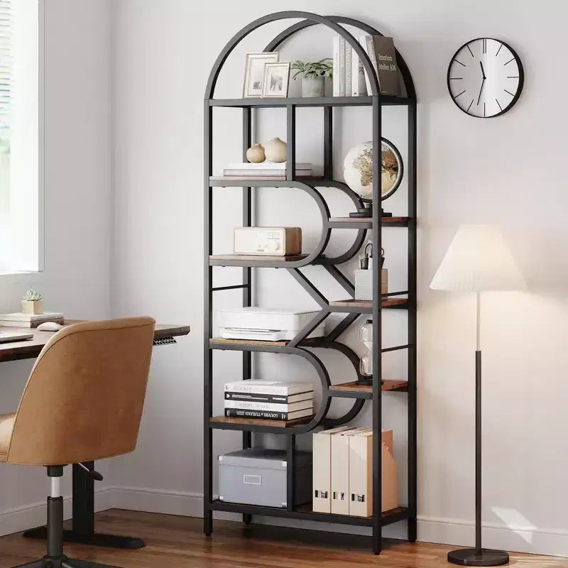 Étagère bibliothèque arquée ouverte à 6 niveaux, bibliothèque géométrique en métal de 207,5 cm de haut, grande étagère de rangement et de présentation pour chambre, salon, bureau