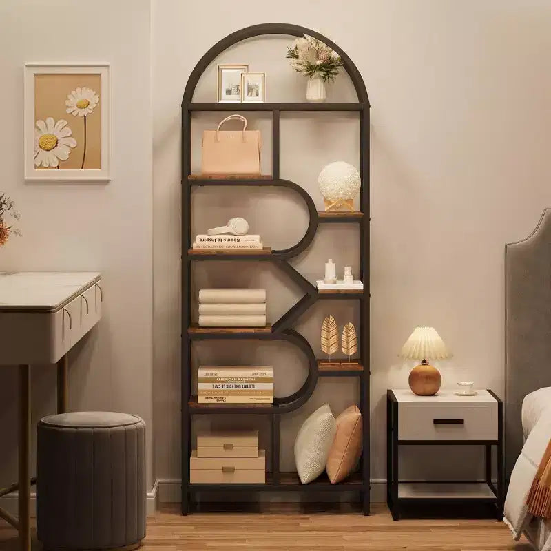 Étagère bibliothèque arquée ouverte à 6 niveaux, bibliothèque géométrique en métal de 207,5 cm de haut, grande étagère de rangement et de présentation pour chambre, salon, bureau