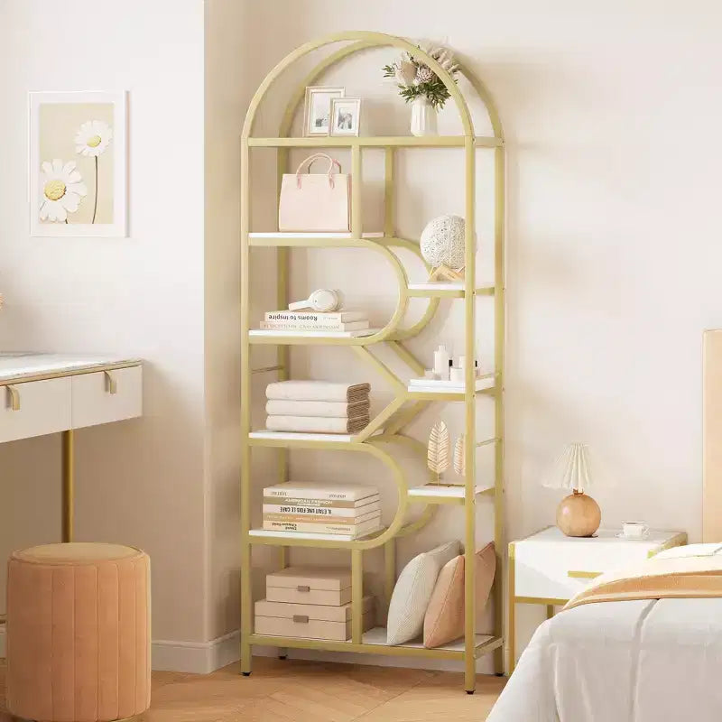 Étagère bibliothèque arquée ouverte à 6 niveaux, bibliothèque géométrique en métal de 207,5 cm de haut, grande étagère de rangement et de présentation pour chambre, salon, bureau