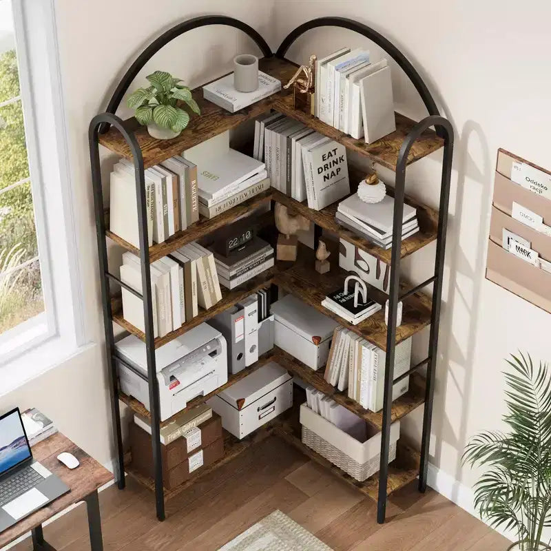 Étagère d'angle en forme d'arche, bibliothèque d'angle industrielle en forme de L avec cadre métallique, étagère de présentation d'angle pour salon et chambre