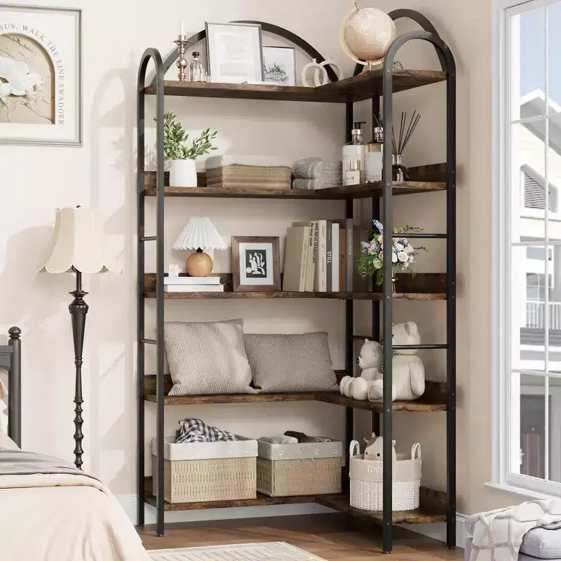 Étagère d'angle en forme d'arche, bibliothèque d'angle industrielle en forme de L avec cadre métallique, étagère de présentation d'angle pour salon et chambre