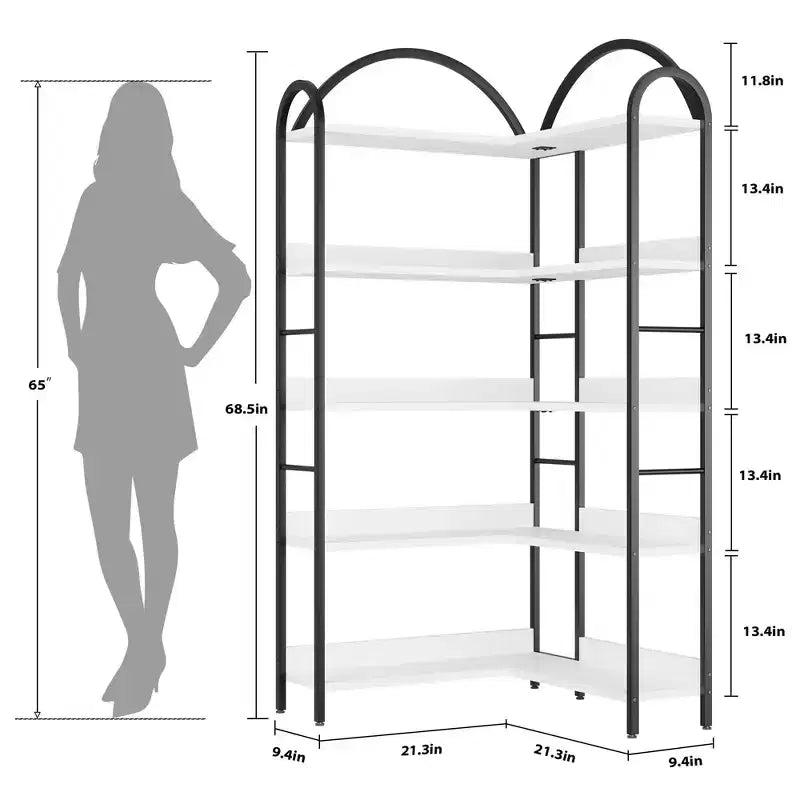 Étagère d'angle en forme d'arche, bibliothèque d'angle industrielle en forme de L avec cadre métallique, étagère de présentation d'angle pour salon et chambre