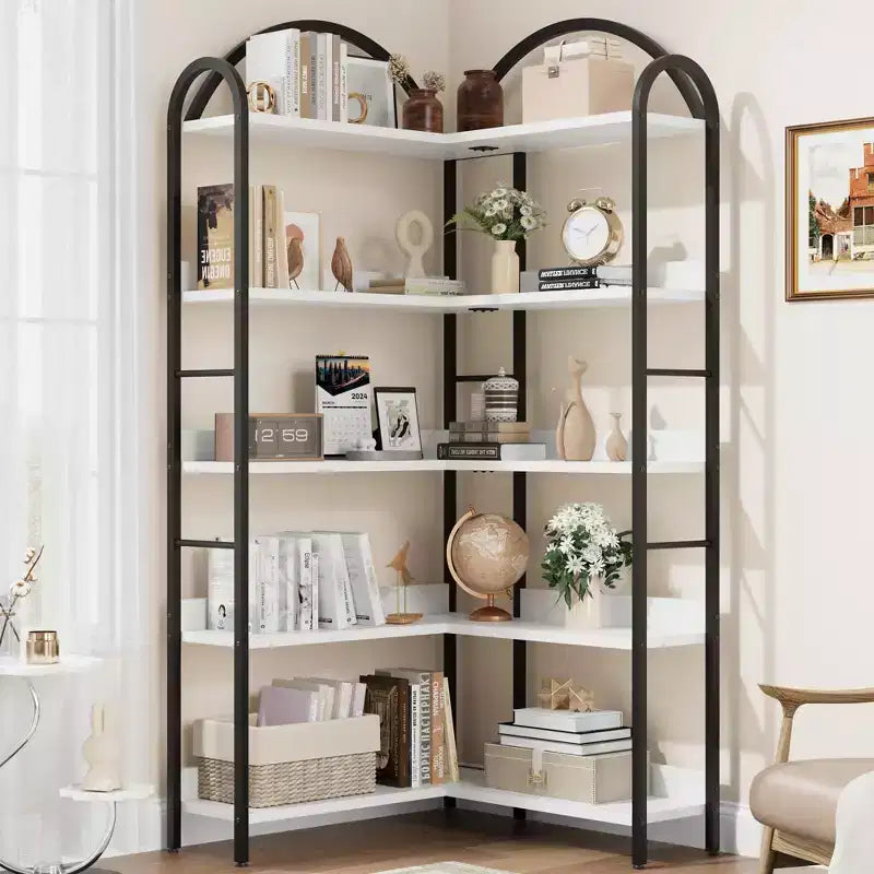 Étagère d'angle en forme d'arche, bibliothèque d'angle industrielle en forme de L avec cadre métallique, étagère de présentation d'angle pour salon et chambre