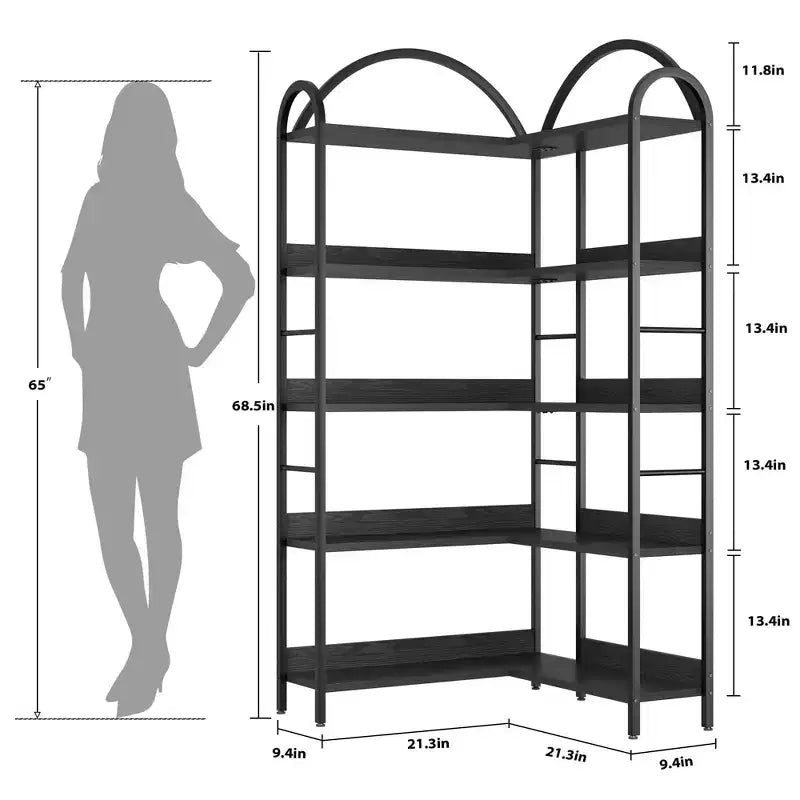 Étagère d'angle en forme d'arche, bibliothèque d'angle industrielle en forme de L avec cadre métallique, étagère de présentation d'angle pour salon et chambre