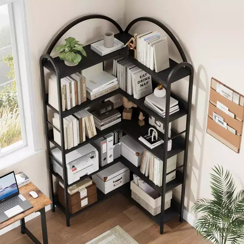 Étagère d'angle en forme d'arche, bibliothèque d'angle industrielle en forme de L avec cadre métallique, étagère de présentation d'angle pour salon et chambre