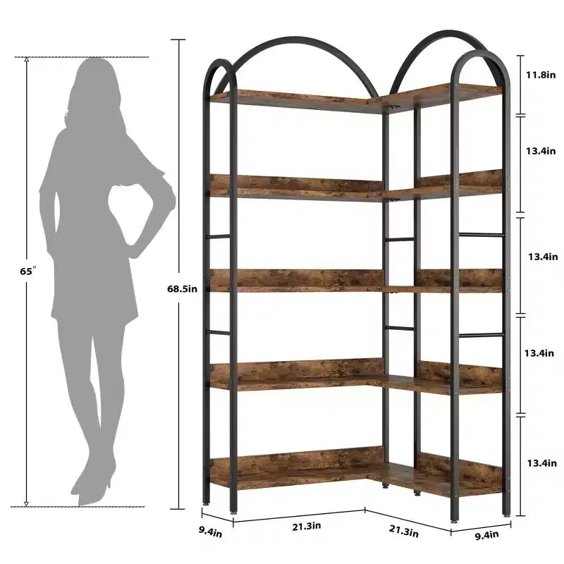 Étagère d'angle en forme d'arche, bibliothèque d'angle industrielle en forme de L avec cadre métallique, étagère de présentation d'angle pour salon et chambre