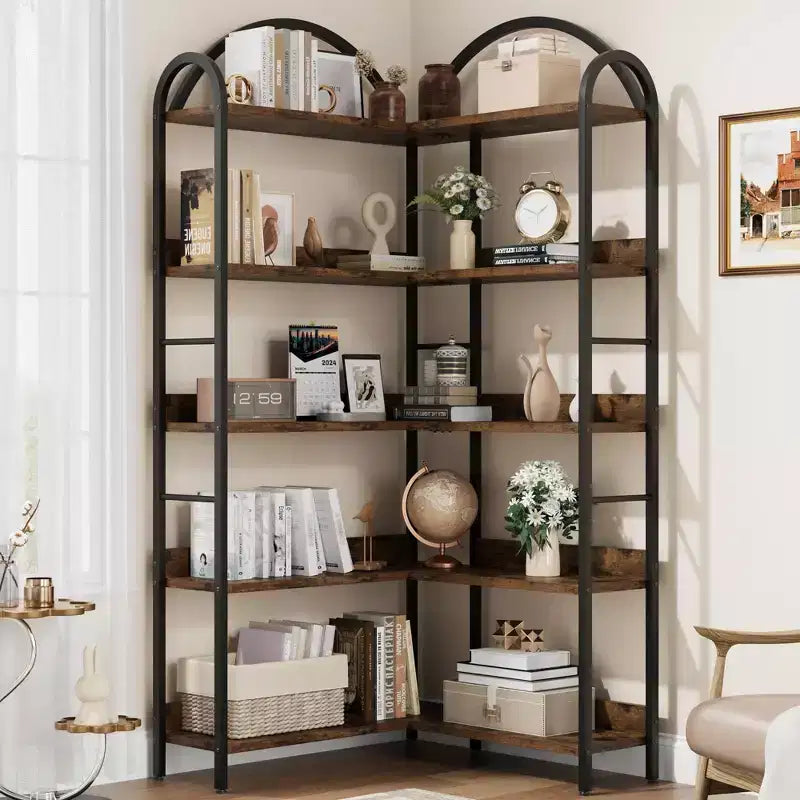 Étagère d'angle en forme d'arche, bibliothèque d'angle industrielle en forme de L avec cadre métallique, étagère de présentation d'angle pour salon et chambre