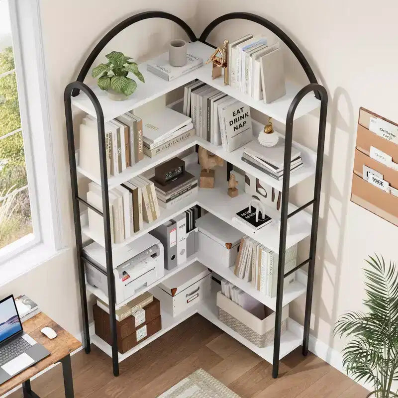 Étagère d'angle en forme d'arche, bibliothèque d'angle industrielle en forme de L avec cadre métallique, étagère de présentation d'angle pour salon et chambre