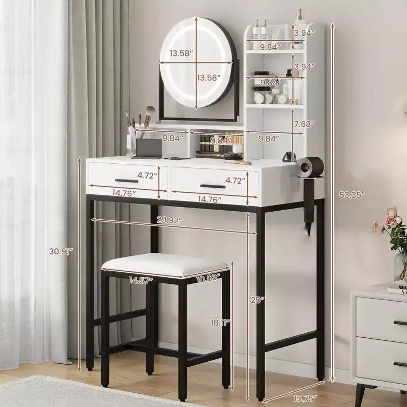 Coiffeuse de Maquillage avec Miroir Rotatif Réglable, Grande Coiffeuse de 74 cm avec 2 Tiroirs et Tabouret, Coiffeuse Moderne pour Chambre à Coucher