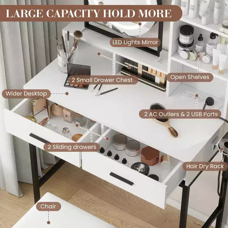 Coiffeuse de Maquillage avec Miroir Rotatif Réglable, Grande Coiffeuse de 74 cm avec 2 Tiroirs et Tabouret, Coiffeuse Moderne pour Chambre à Coucher