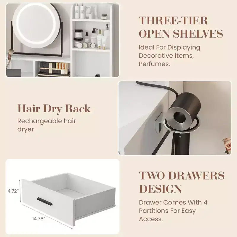Coiffeuse de Maquillage avec Miroir Rotatif Réglable, Grande Coiffeuse de 74 cm avec 2 Tiroirs et Tabouret, Coiffeuse Moderne pour Chambre à Coucher