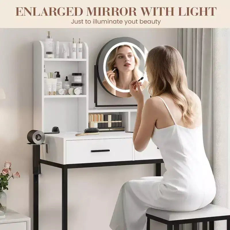 Coiffeuse de Maquillage avec Miroir Rotatif Réglable, Grande Coiffeuse de 74 cm avec 2 Tiroirs et Tabouret, Coiffeuse Moderne pour Chambre à Coucher