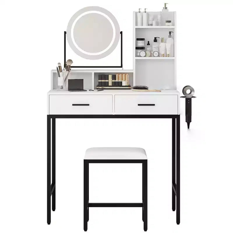 Coiffeuse de Maquillage avec Miroir Rotatif Réglable, Grande Coiffeuse de 74 cm avec 2 Tiroirs et Tabouret, Coiffeuse Moderne pour Chambre à Coucher