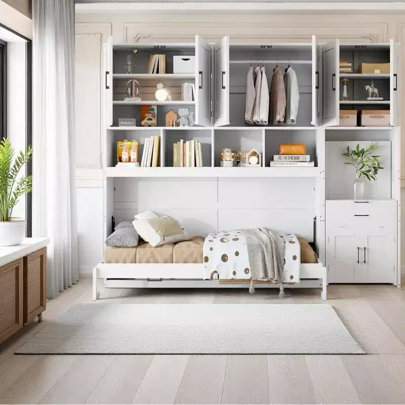 Lit escamotable double tout-en-un avec bureau pliable, blanc