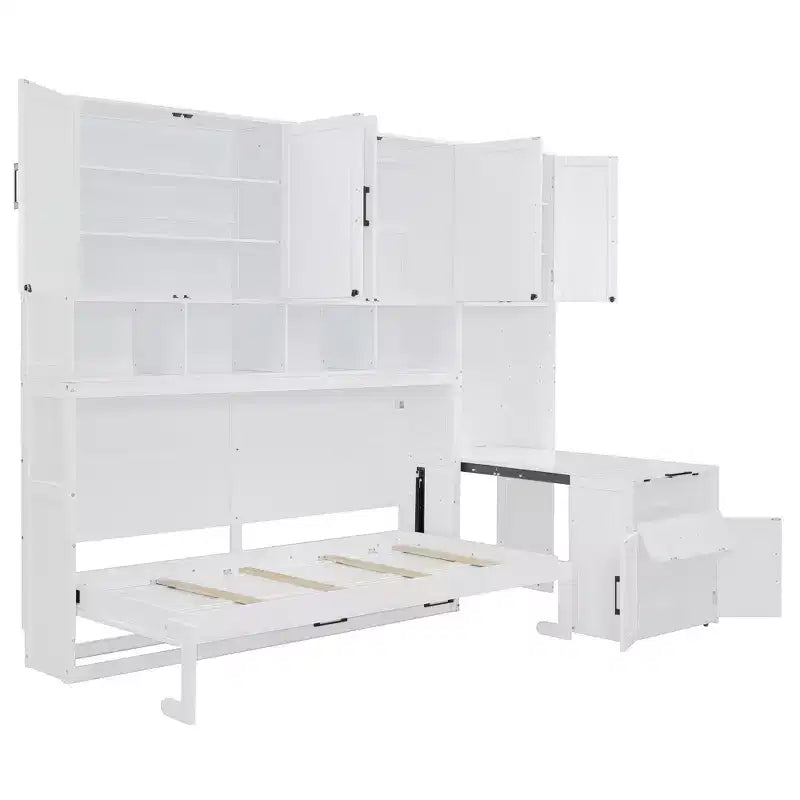 Lit escamotable double tout-en-un avec bureau pliable, blanc