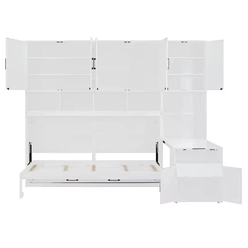 Lit escamotable double tout-en-un avec bureau pliable, blanc