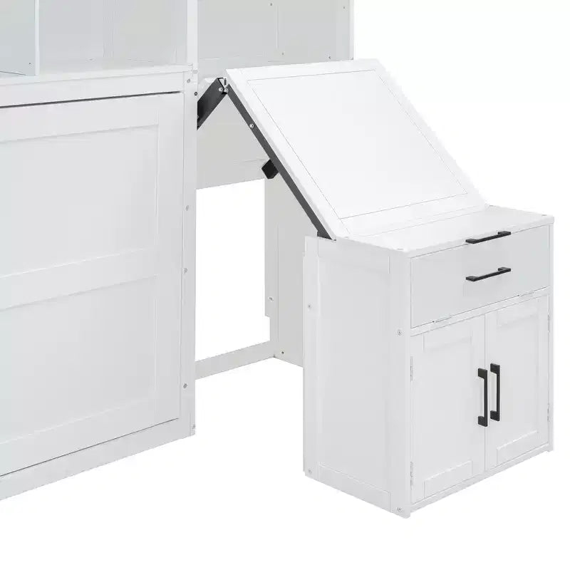 Lit escamotable double tout-en-un avec bureau pliable, blanc