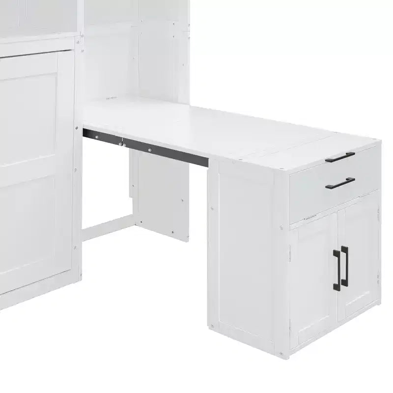 Lit escamotable double tout-en-un avec bureau pliable, blanc