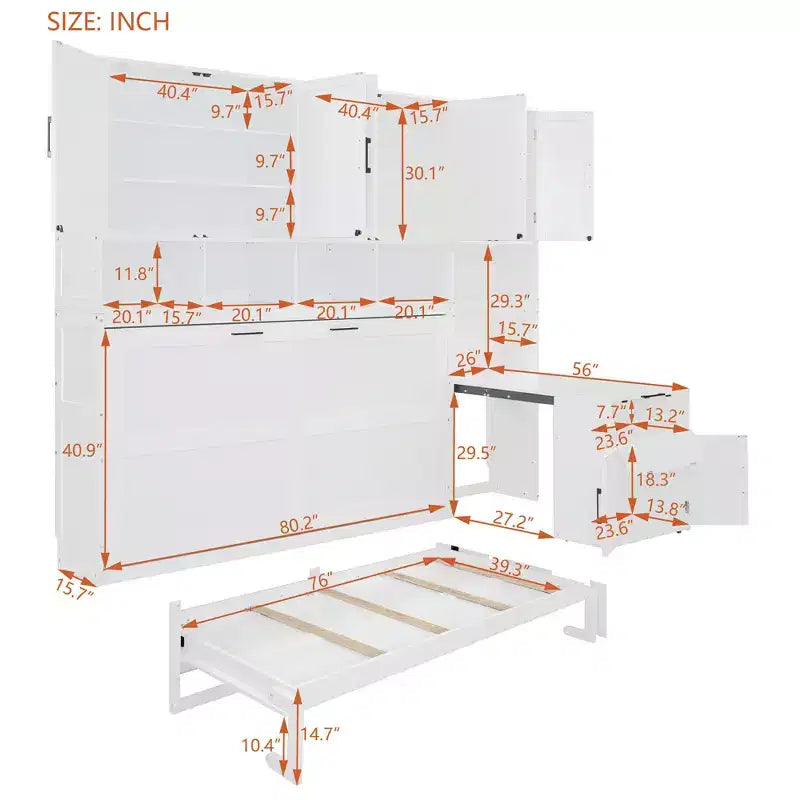 Lit escamotable double tout-en-un avec bureau pliable, blanc