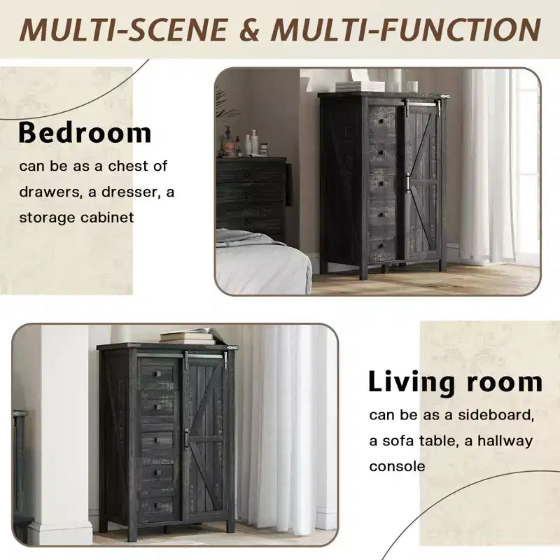 Commode de style rustique pour chambre à coucher avec tiroirs, meuble de rangement avec portes coulissantes de grange, meuble TV organisateur