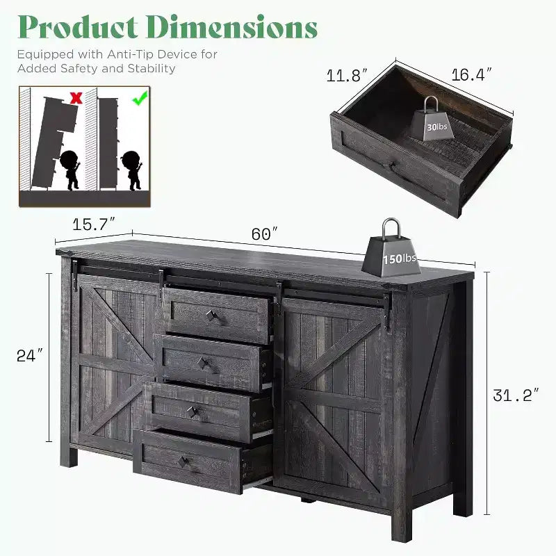 Commode de style rustique pour chambre à coucher avec tiroirs, meuble de rangement avec portes coulissantes de grange, meuble TV organisateur