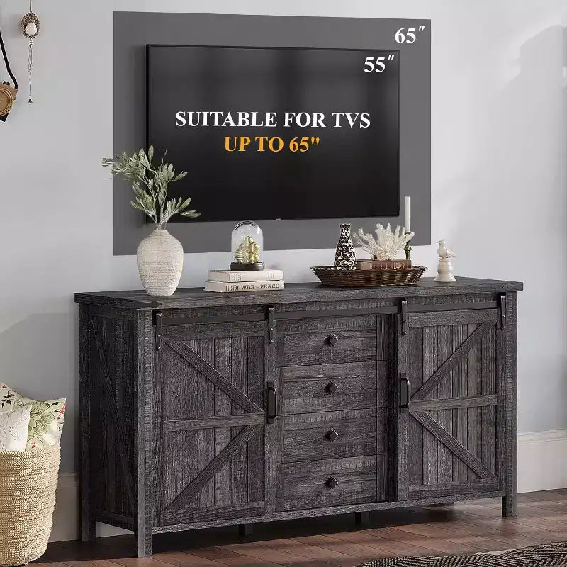 Commode de style rustique pour chambre à coucher avec tiroirs, meuble de rangement avec portes coulissantes de grange, meuble TV organisateur